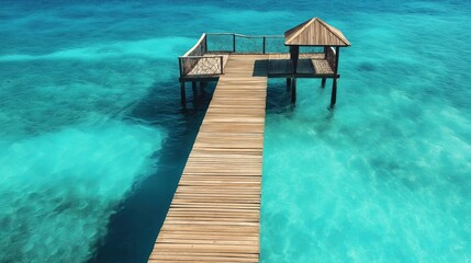 Fototapeta premium Aerial view of a wooden pier over the ocean with a wooden board for view