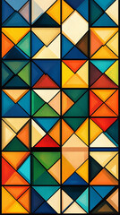 The image features a vibrant stained glass window with a geometric design