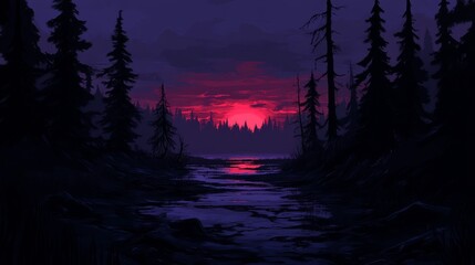 Fototapeta premium Crimson Sunset Over a Silhouetted Forest and Tranquil Stream