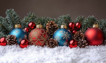 A festive arrangement of ornaments, pinecones, and greenery on a snowy surface, evoking holiday cheer.