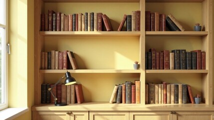Wooden bookcase filled with antique books and small potted plants in a sunlit room