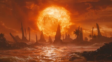 Apocalyptic Seascape Fiery Sun Tropical Ruins and Dramatic Ocean Waves
