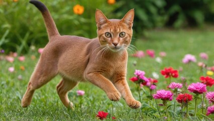 Fototapeta premium Sorrel abyssinian cat in flower field