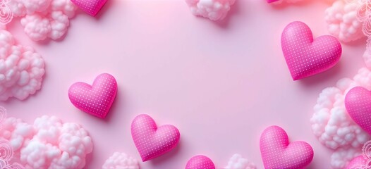 Obraz premium Pink hearts fly over a soft pink color background, border, and copy space as a design concept for Valentine's Day. Romantic vibrant bokeh background. Valentine's Day concept for design