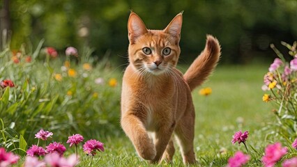 Fototapeta premium Sorrel abyssinian cat in flower field