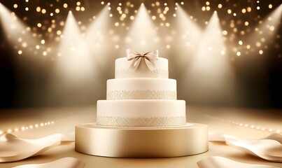 Fototapeta premium Elegant four-tier wedding cake on golden stand, spotlight background.