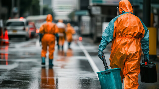 Professional Sanitation Team in Full Protective Gear: City Workers Disinfecting Streets During Rainy Weather for Public Health, Urban Safety, and Environmental Maintenance