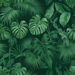 Tropical leaves, monstera deliciosa, dark green foliage, lush jungle background, botanical pattern, exotic flora, dense plant growth, nature close-up, deep shadows, vibrant green hues, leaf textures, 