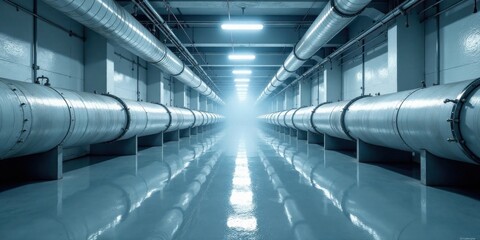 Obraz premium Industrial Corridor Rows of Large Pipes and Ventilation Systems in a Modern Facility