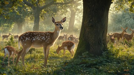 Obraz premium Majestic Spotted Deer Herd in Sun Dappled Forest Peaceful Wildlife Scene