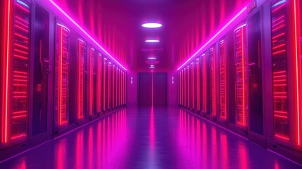 Fototapeta premium A futuristic server room illuminated by neon lights, showcasing rows of data storage units.