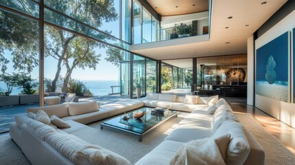 Fototapeta premium Oceanview Luxury Living Room: Modern Coastal Home Interior Design