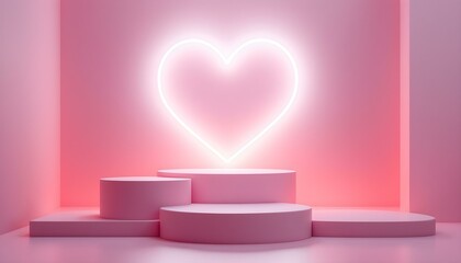 Set of 3D podium valentine day background with pink, red, white cylinder pedestal. Glow neon heart shape backdrop. Valentine podium stand with heart. 3d  radiant heart shaped neon light