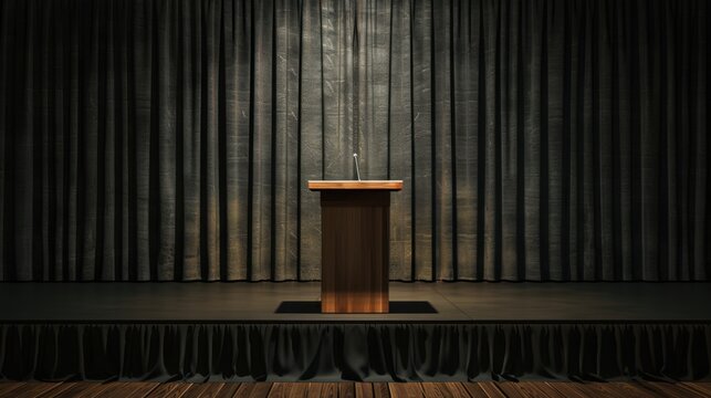 Black rectangular stage with black skirting, four feet tall.