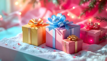 Set of gifts box. Collection realistic gift presents view top. Rectangular cardboard gift box. The box is decorated with a dark-colored ribbon. Beautiful gift boxes with decorations on the background