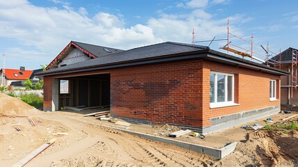 Brick garage adjacent to house featuring an extension for extra space.