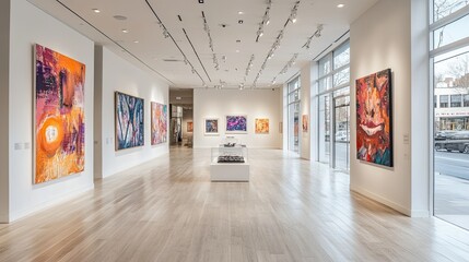A light-filled art gallery with white walls and abstract paintings 