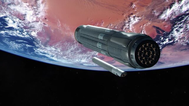 Orbital Weapons Platform in Orbit of Planet Earth Over a Desert Launching Missile Towards the Surface