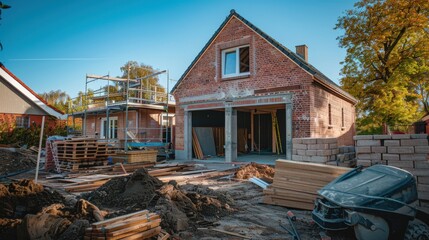 Brick garage adjacent to a house featuring a modern extension