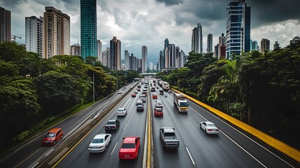 Fototapeta premium City Highway Traffic Amidst Modern Skyscrapers