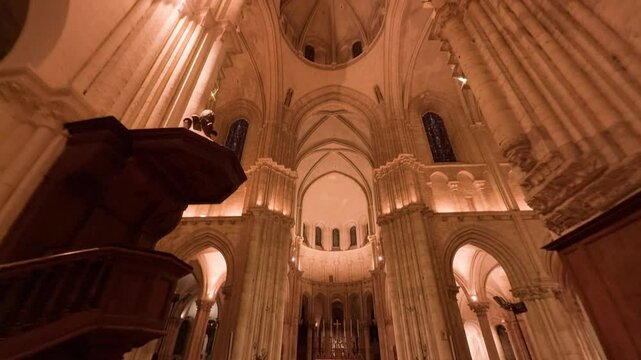 POV shot of interior view of Saint-Nicolas Church in Blois, France. Romanesque architecture.