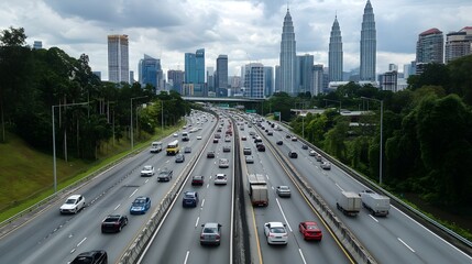Fototapeta premium City Highway Traffic Flowing Towards Skyscrapers