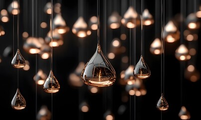 Elegant teardrop-shaped pendant lights illuminate a dark background.