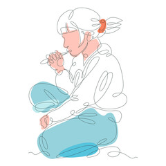 One continuous line drawing a girl squeezes toothpaste from a tube. The child brushes his teeth..Vector doodle illustration