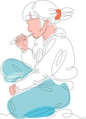 One continuous line drawing a girl squeezes toothpaste from a tube. The child brushes his teeth..Vector doodle illustration