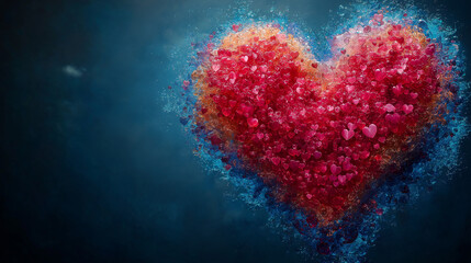 This Valentine’s Day illustration features a heart-shaped cluster of vibrant pink and red elements surrounded by a dreamy blue backdrop. It evokes romance and artistic passion for February celebration