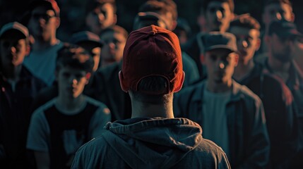 A man speaks to an attentive group of listeners.