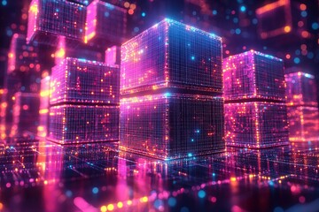 Fototapeta premium A vibrant digital landscape featuring glowing, interconnected cubes representing data and technology.