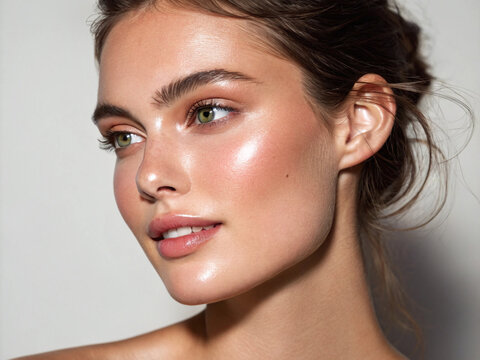 Close-up portrait of young woman with radiant skin and highlighted cheekbones, stock photo