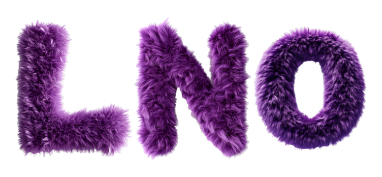 purple 3D Fluffy Letter L N O on transparent background