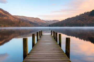 Fototapeta premium Tranquil Lake View with Wooden Pier and Reflective Water Surface