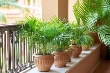 Fototapeta premium Potted Palm Plants Line Balcony Railing