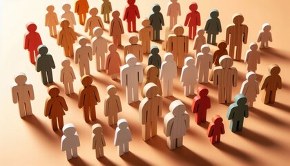 Naklejka premium colorful wooden figurines, crowd of people, diverse group, community concept, warm lighting, soft shadows, depth of field, shallow focus, organized arrangement, multiple colors, standing together, uni