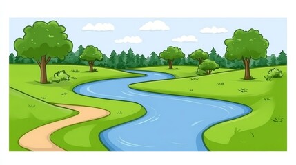 Naklejka premium Serpentine River Winding Through Lush Green Meadow Landscape