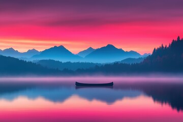Fototapeta premium Serene Sunrise Over Calm Lake with Canoe Surrounded by Mountains