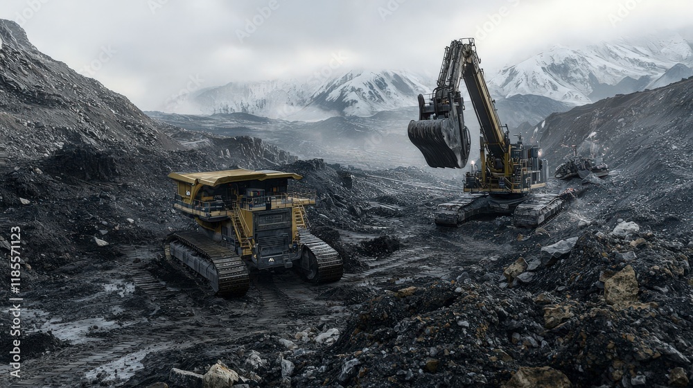 Aufkleber robotic miners extracting rare resources remote mountains industrial scene harsh environment aerial 