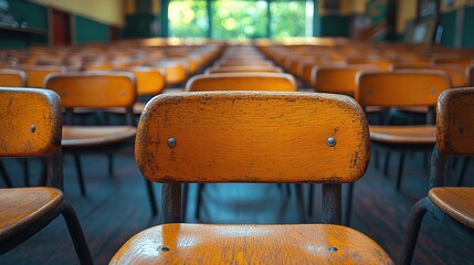 A row of empty wooden chairs in a classroom, suggesting a learning environment.