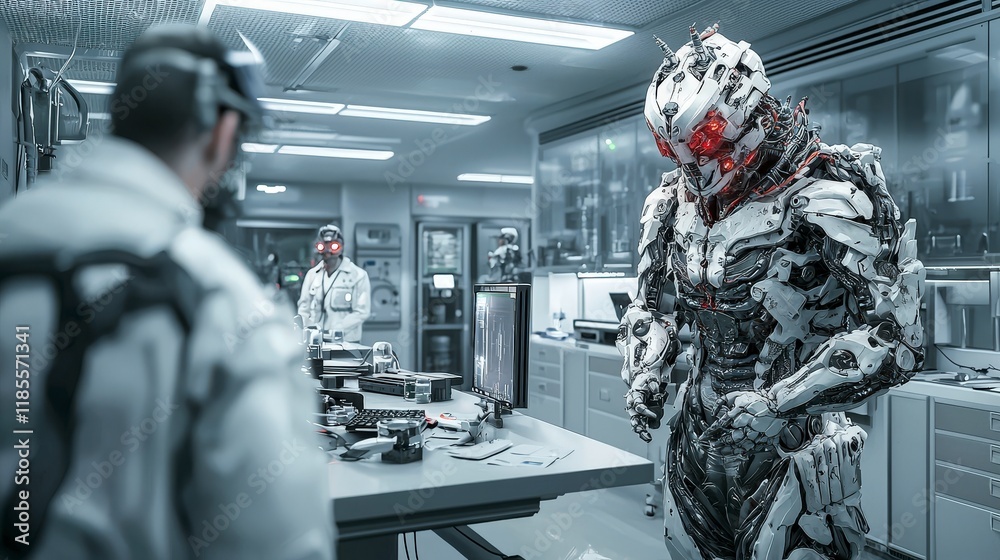 Poster Futuristic robots revolt against their creators in high-tech lab sci-fi scene tension dystopian setting dramatic perspective