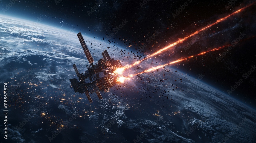 Poster Fierce space battle satellites armed with lasers clash above earth sci-fi scene outer space dynamic perspective