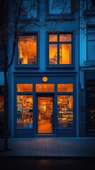 A cozy bookstore illuminated at night, inviting visitors with warm orange light.