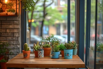 Small potted plants sit on a wooden table near a window