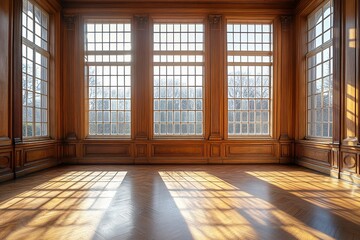 Empty room with large windows, shadows, and wood paneling, interior shot
