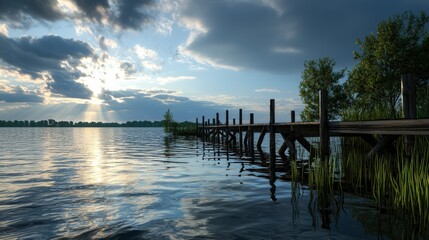 Obraz premium Tranquil sunset reflection on a wooden pier serene lake nature photography calm waters scenic viewpoint peaceful atmosphere
