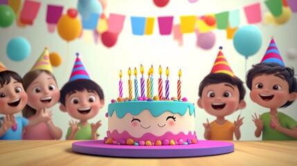 Happy Children Celebrating Birthday With Colorful Cake and Candles