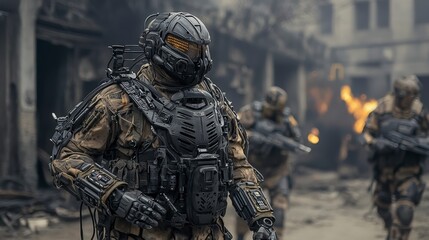 Advanced soldiers in exoskeleton suits swiftly moving through urban ruins military action warzone intense environment