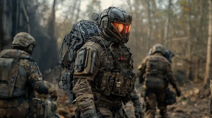 Fototapeta premium Futuristic military action soldiers in exoskeletons maneuvering swiftly through dense forest environments